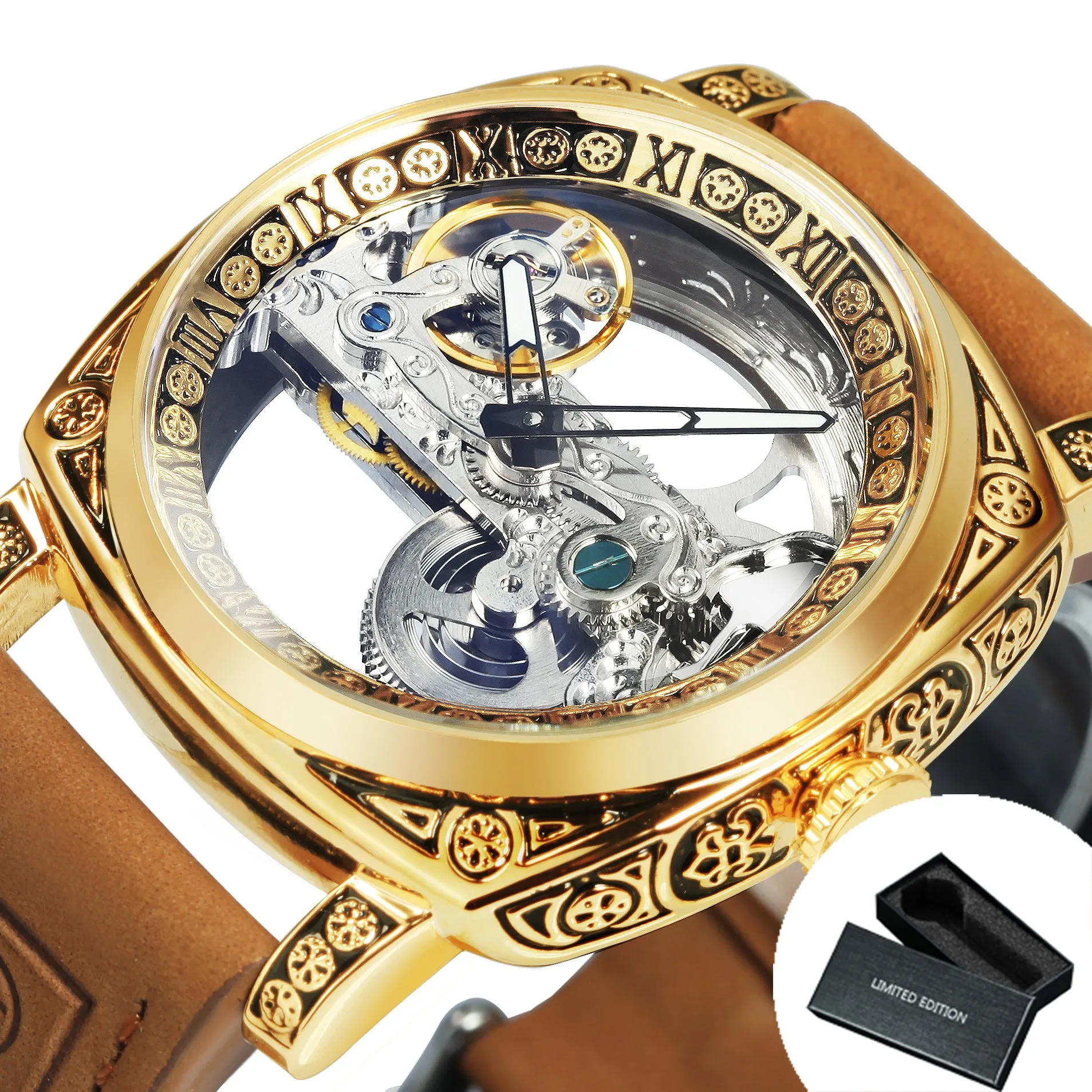 Vintage Square Skeleton Automatic Mechanical Watch TM 403 Engraved Case Golden Bridge Watches Genuine Leather Strap