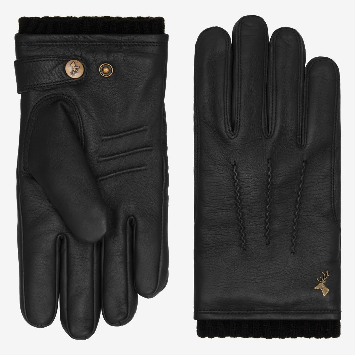 William (black) - goatskin leather gloves with warm fleece lining and press-stud