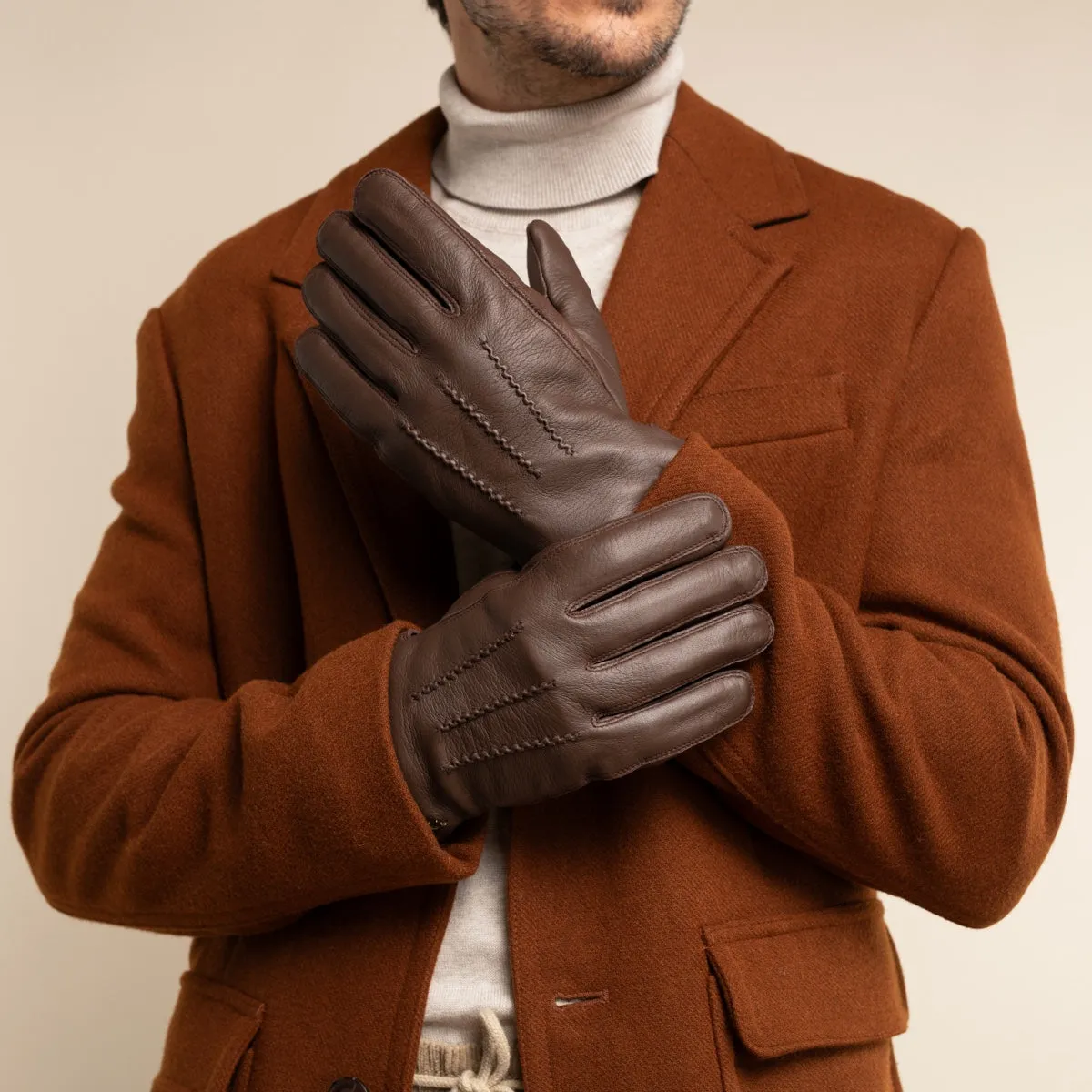 William (brown) - goatskin leather gloves with warm fleece lining and press-stud