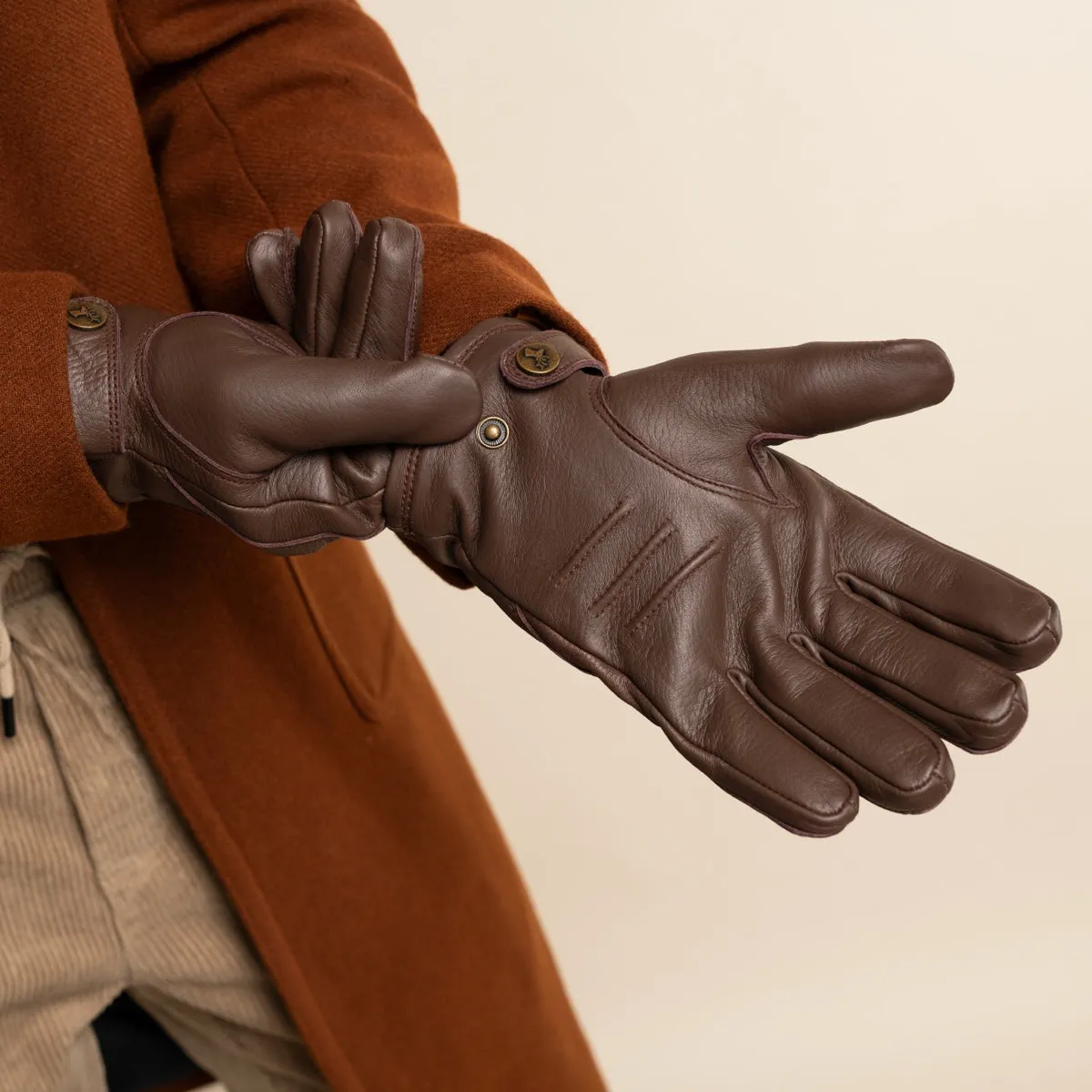 William (brown) - goatskin leather gloves with warm fleece lining and press-stud