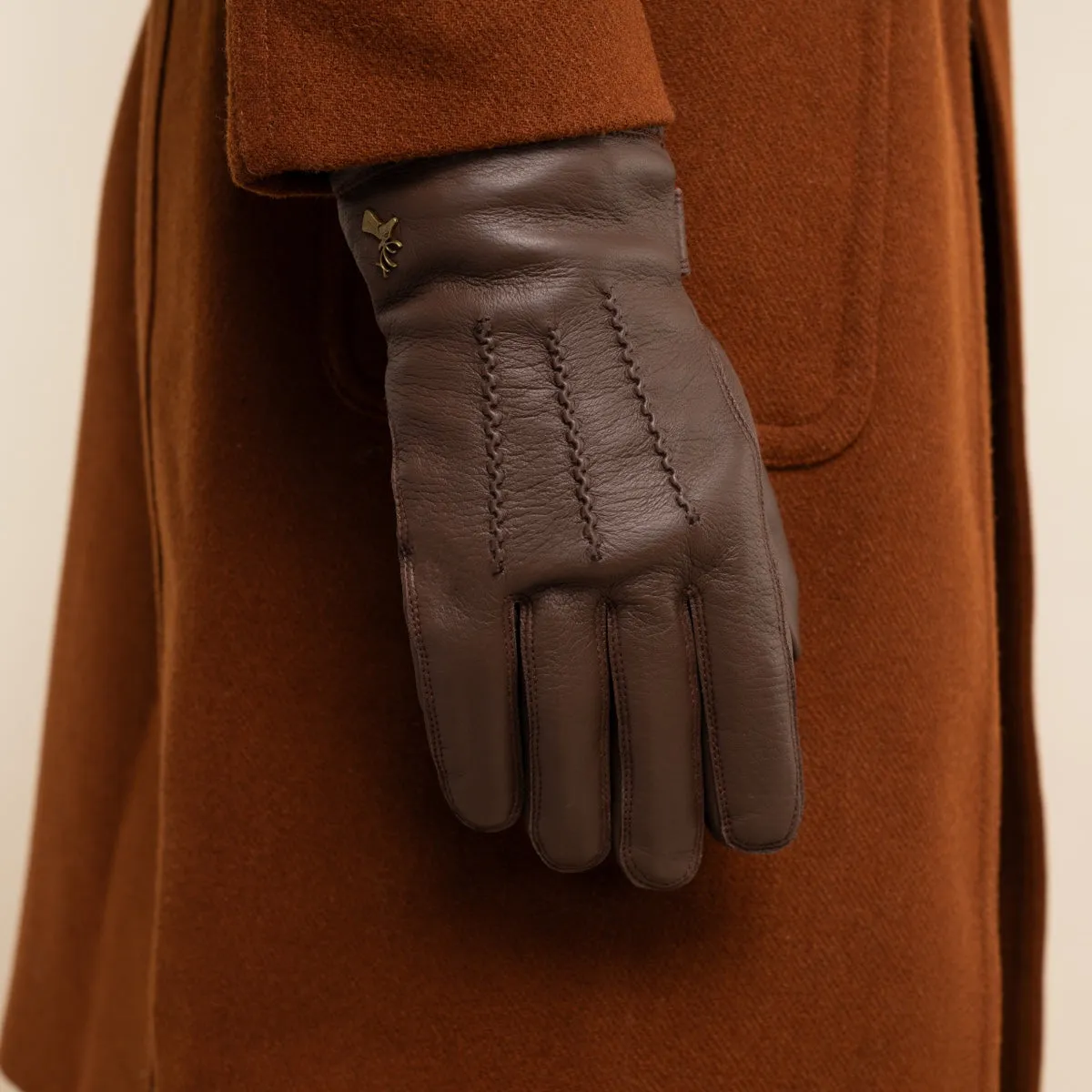 William (brown) - goatskin leather gloves with warm fleece lining and press-stud