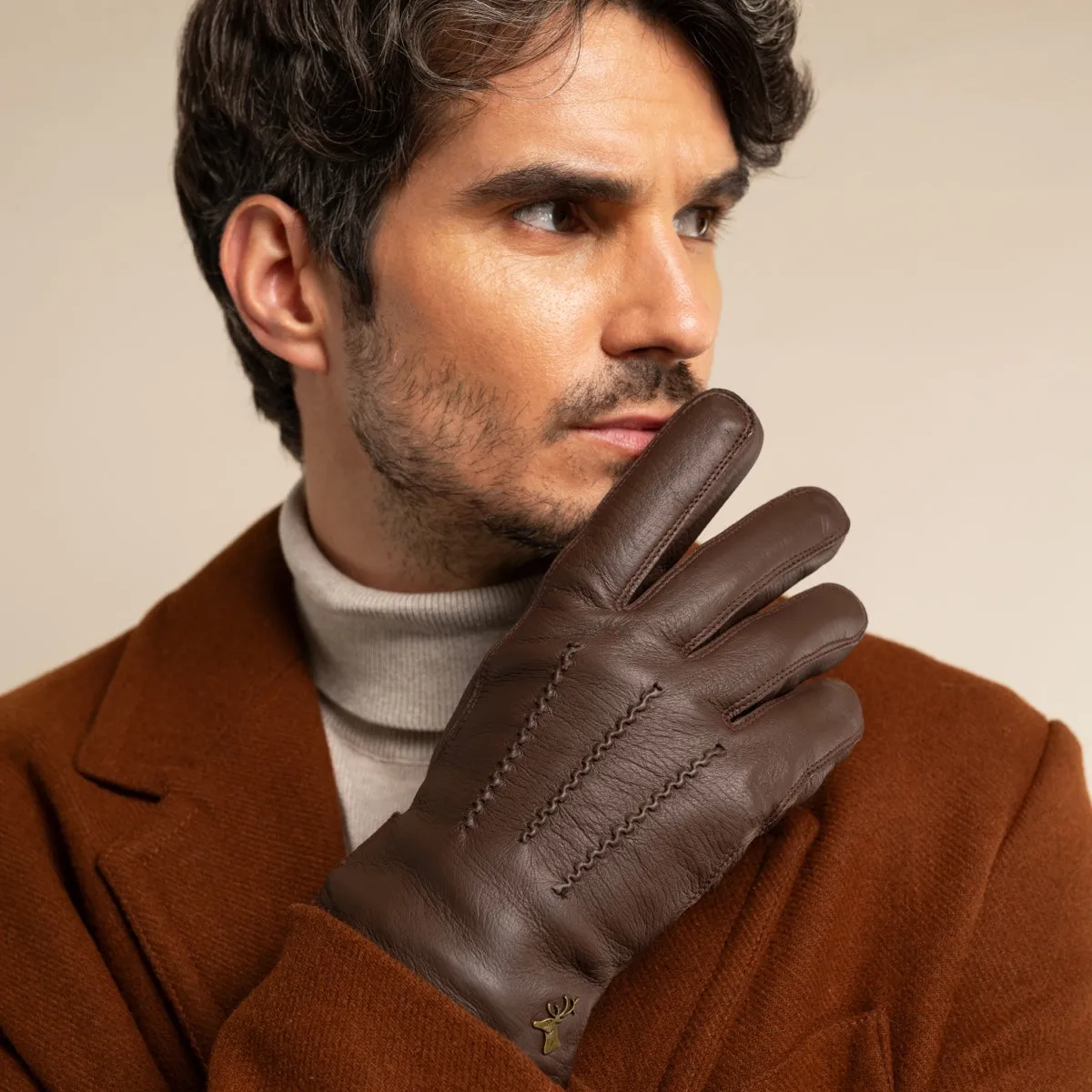 William (brown) - goatskin leather gloves with warm fleece lining and press-stud