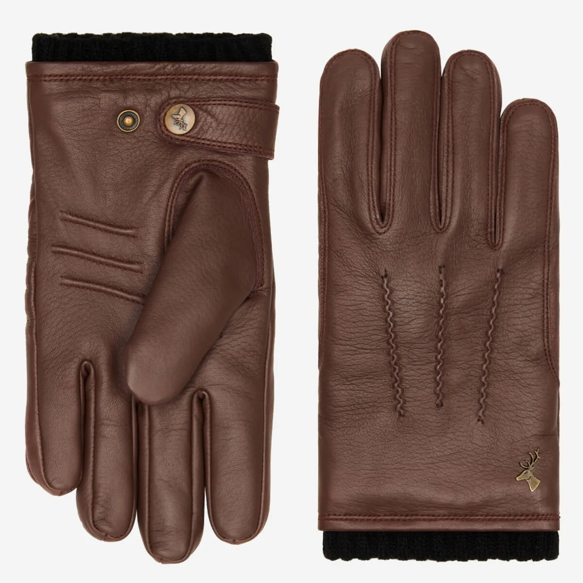 William (brown) - goatskin leather gloves with warm fleece lining and press-stud