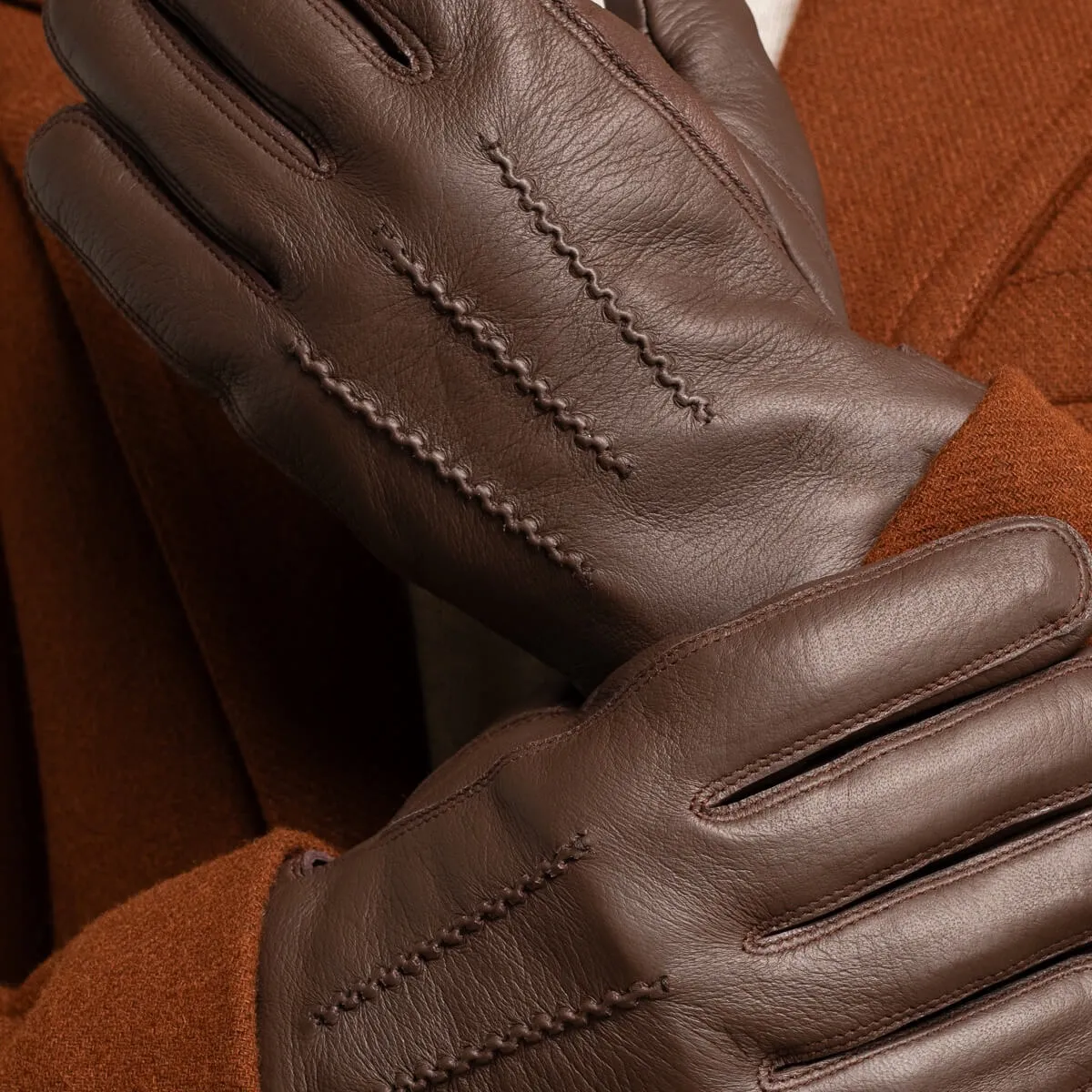 William (brown) - goatskin leather gloves with warm fleece lining and press-stud