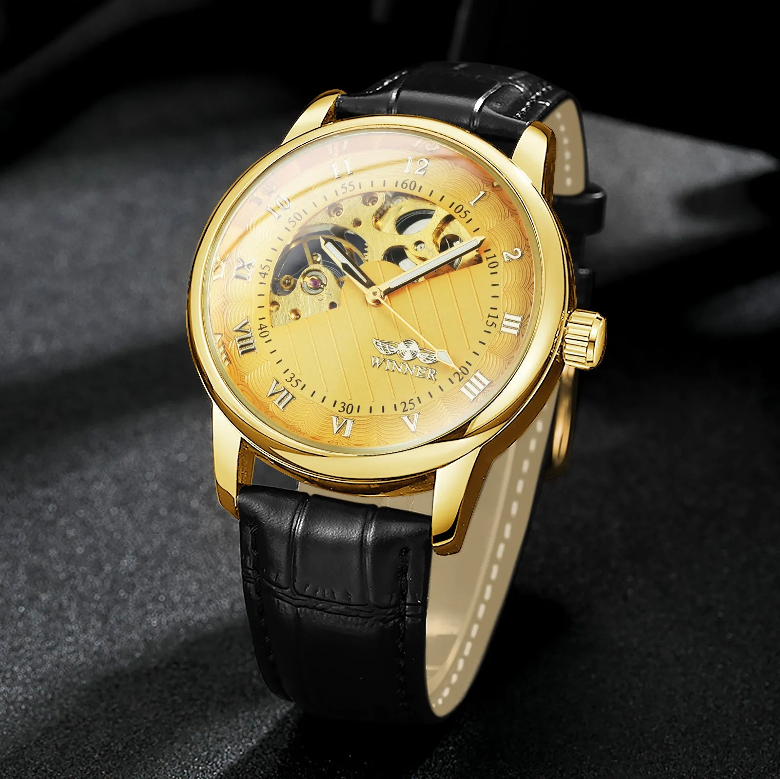 WINNER Classic Gold Skeleton Mechanical Watch Luminous Hands W660H Hand Wind Watches