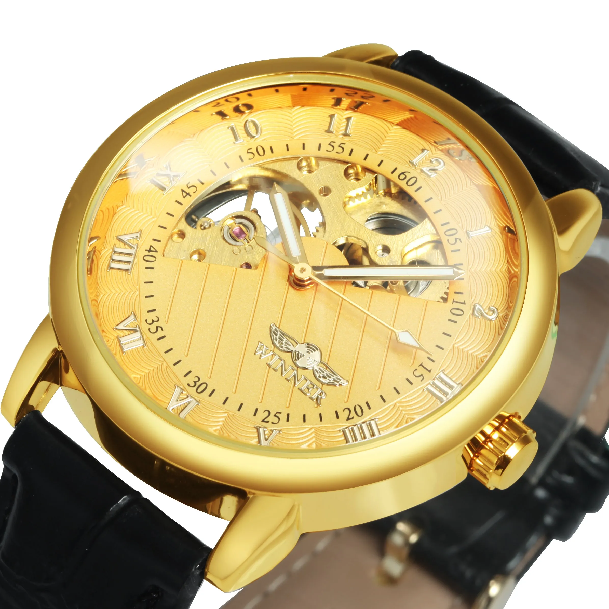 WINNER Classic Gold Skeleton Mechanical Watch Luminous Hands W660H Hand Wind Watches