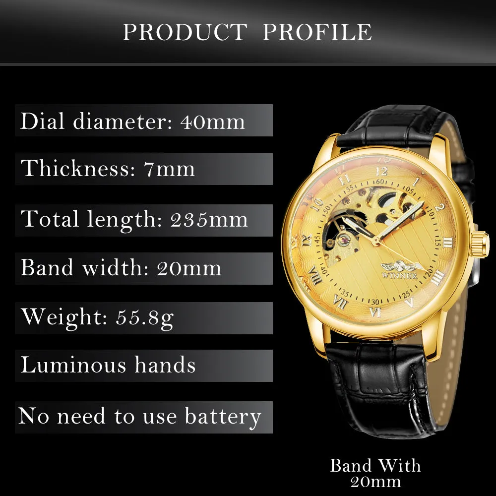 WINNER Classic Gold Skeleton Mechanical Watch Luminous Hands W660H Hand Wind Watches