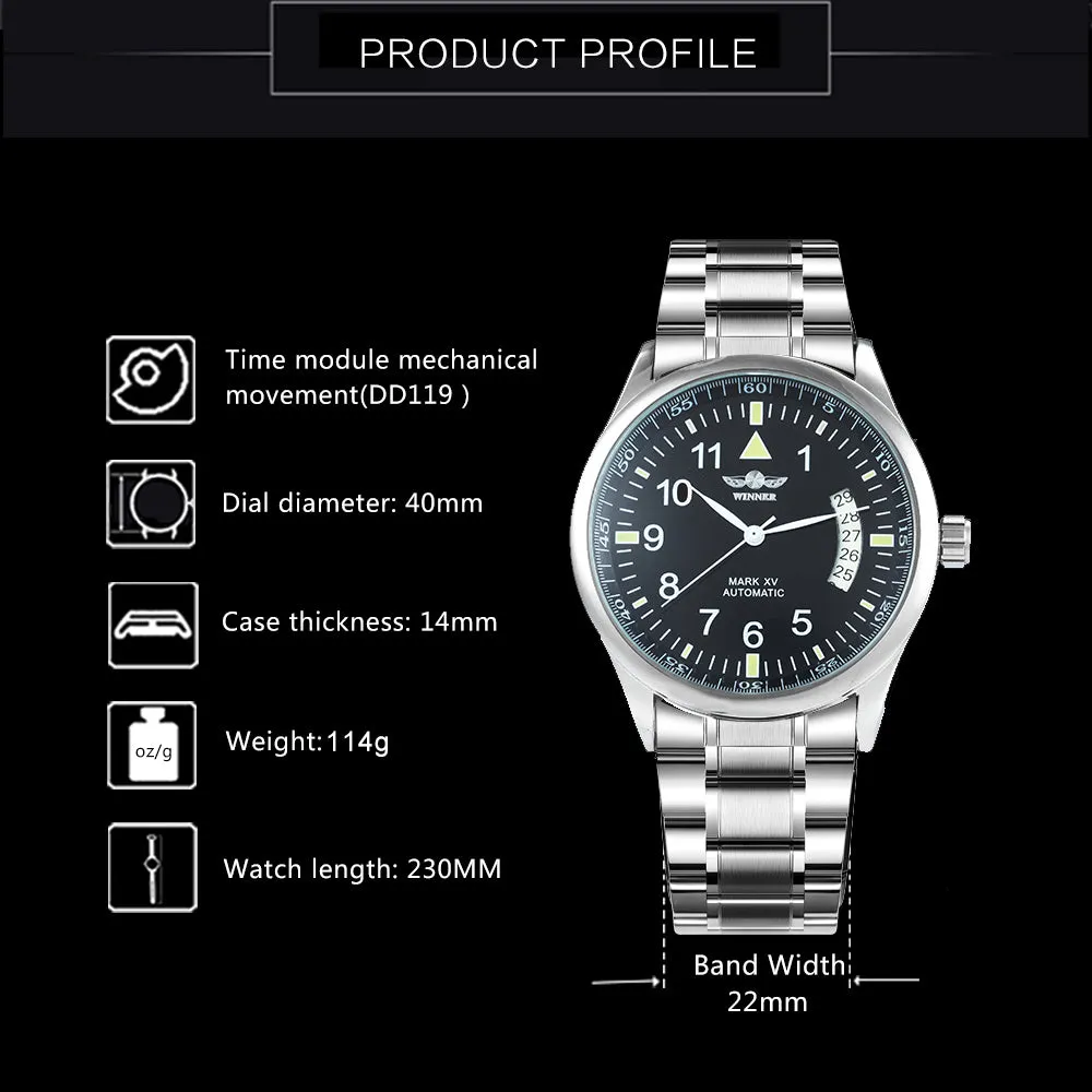 WINNER Fashion Business Automatic Mechanical Watch for Men Calendar Window Stainless Steel Strap WW010H