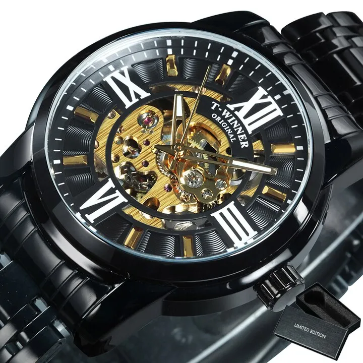 WINNER Fashion Luxury Skeleton Automatic Mechanical Mens Watch Top Brand Stainless Steel Strap 523