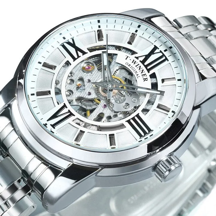 WINNER Fashion Luxury Skeleton Automatic Mechanical Mens Watch Top Brand Stainless Steel Strap 523