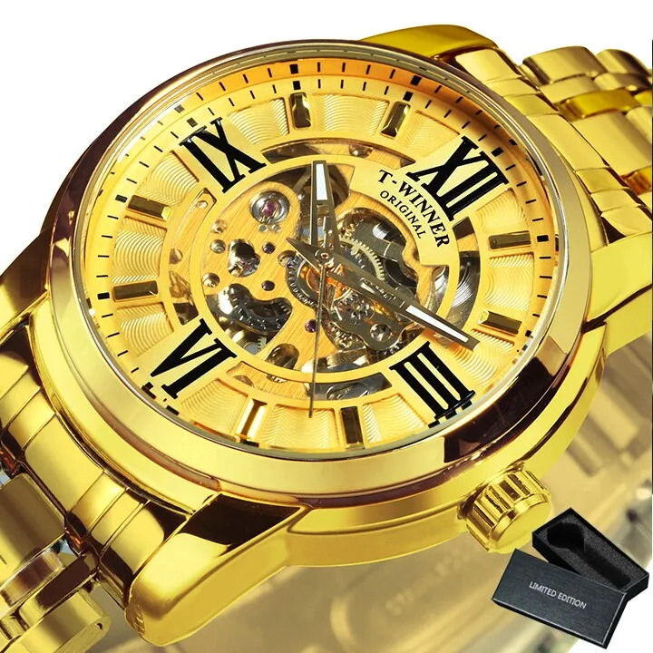 WINNER Fashion Luxury Skeleton Automatic Mechanical Mens Watch Top Brand Stainless Steel Strap 523