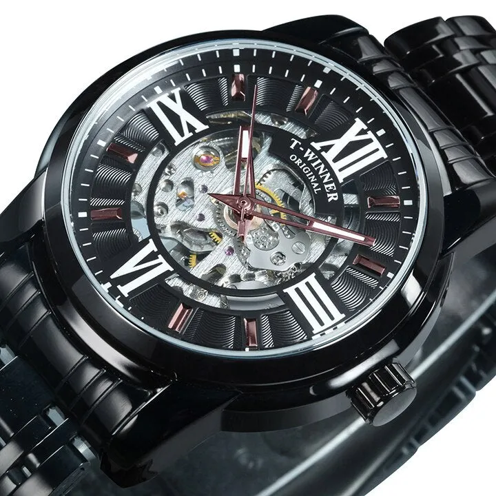 WINNER Fashion Luxury Skeleton Automatic Mechanical Mens Watch Top Brand Stainless Steel Strap 523