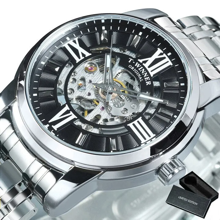 WINNER Fashion Luxury Skeleton Automatic Mechanical Mens Watch Top Brand Stainless Steel Strap 523