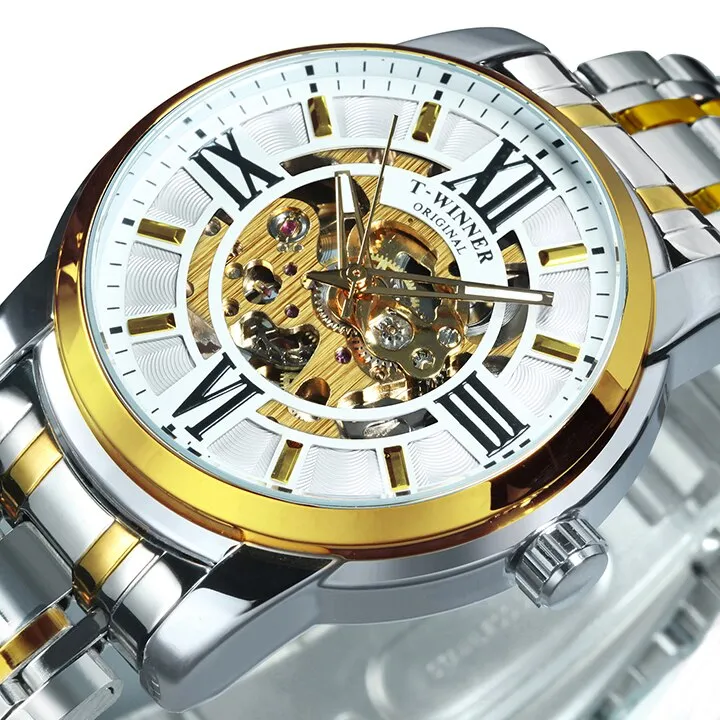 WINNER Fashion Luxury Skeleton Automatic Mechanical Mens Watch Top Brand Stainless Steel Strap 523