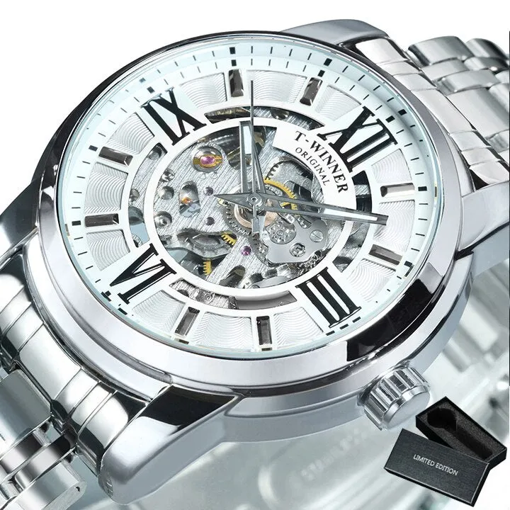 WINNER Fashion Luxury Skeleton Automatic Mechanical Mens Watch Top Brand Stainless Steel Strap 523