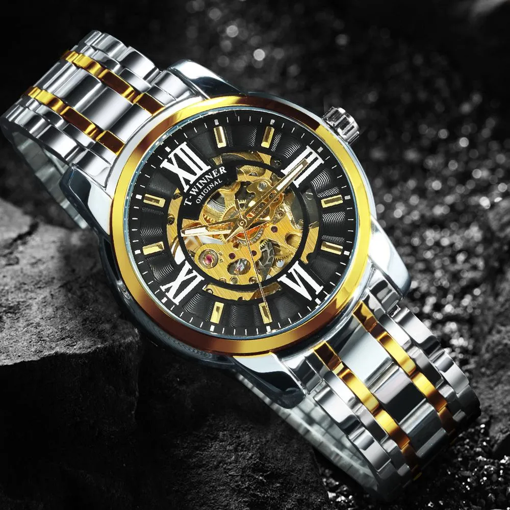 WINNER Fashion Luxury Skeleton Automatic Mechanical Mens Watch Top Brand Stainless Steel Strap 523