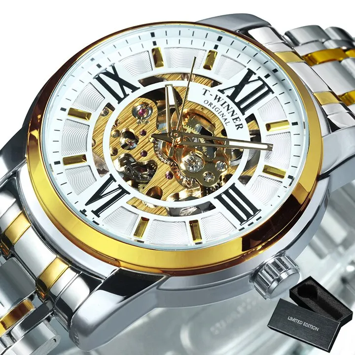 WINNER Fashion Luxury Skeleton Automatic Mechanical Mens Watch Top Brand Stainless Steel Strap 523