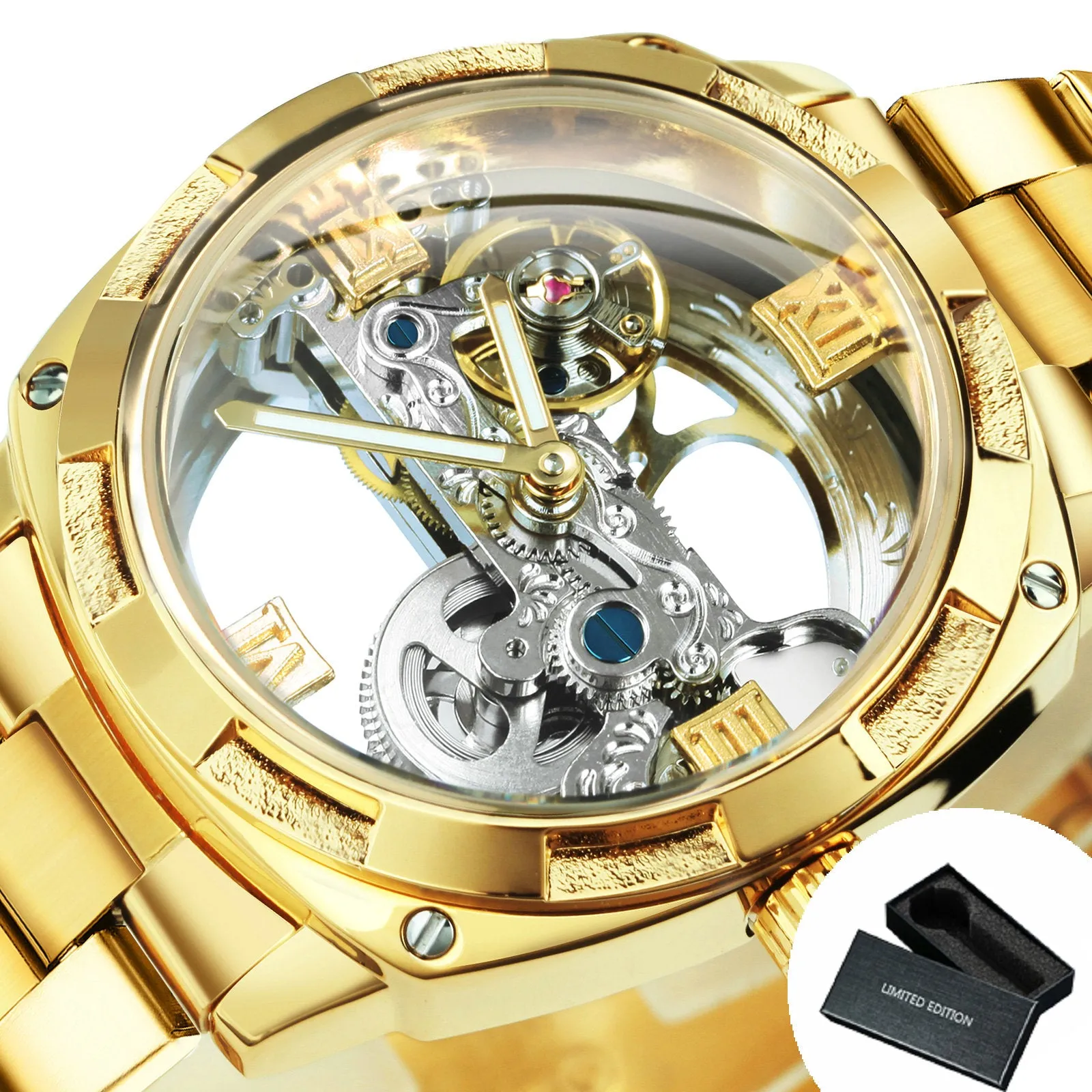 WINNER Luxury Skeleton Automatic Mechanical Watch for Men Waterproof Luminous Hands