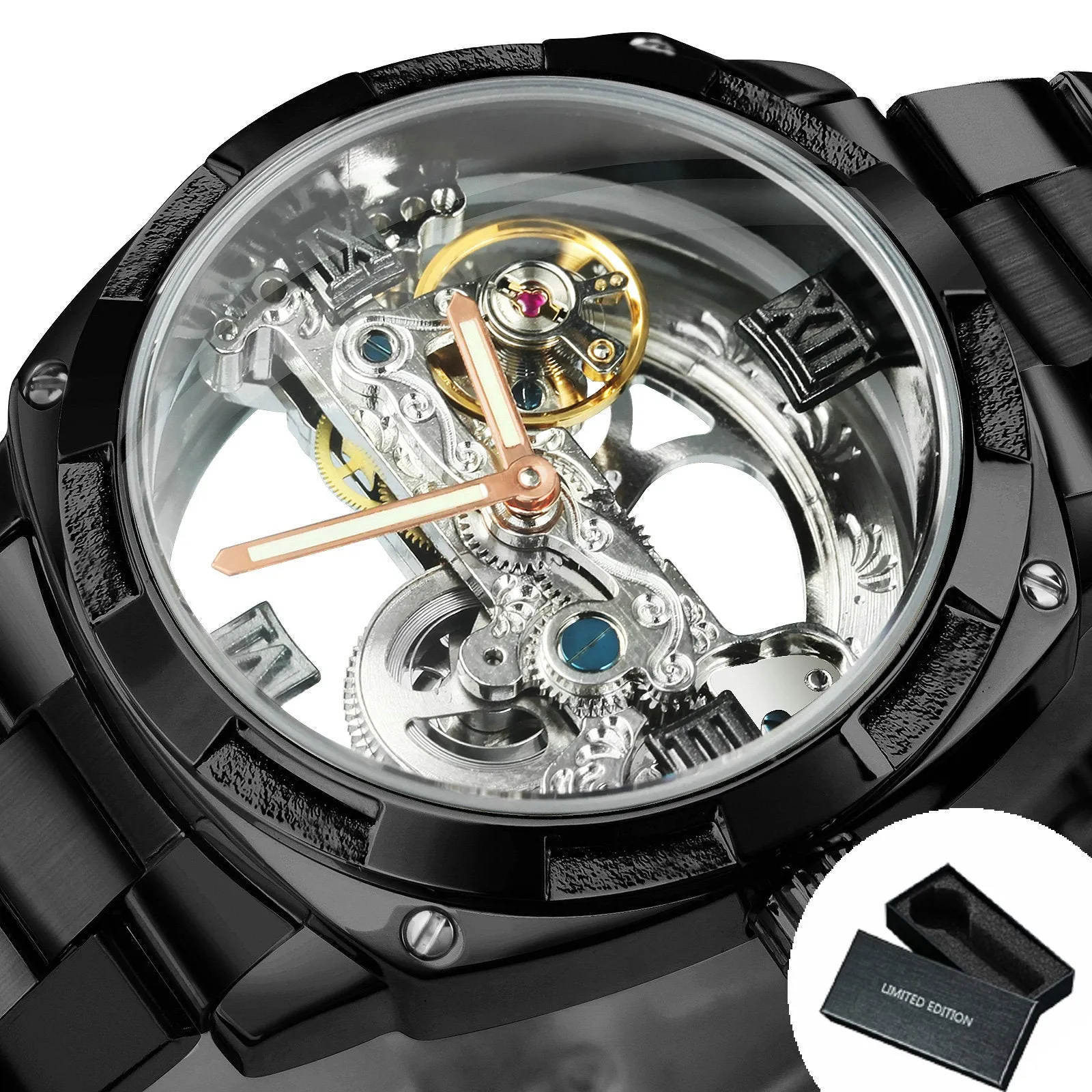 WINNER Luxury Skeleton Automatic Mechanical Watch for Men Waterproof Luminous Hands