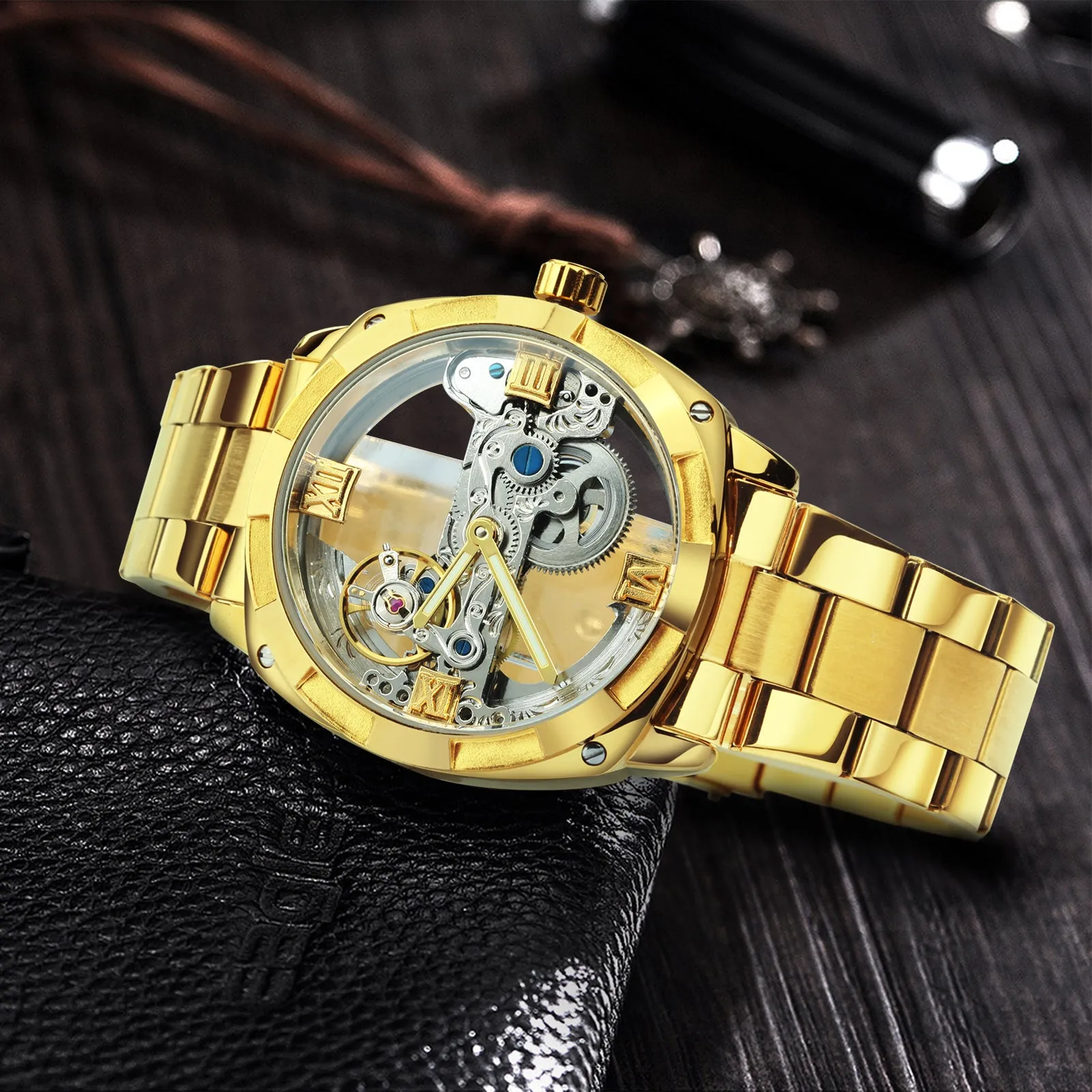 WINNER Luxury Skeleton Automatic Mechanical Watch for Men Waterproof Luminous Hands