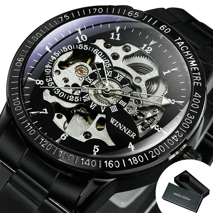 WINNER Steampunk Gold Skeleton Automatic Mechanical Watch for Men H216M Stainless Steel Strap