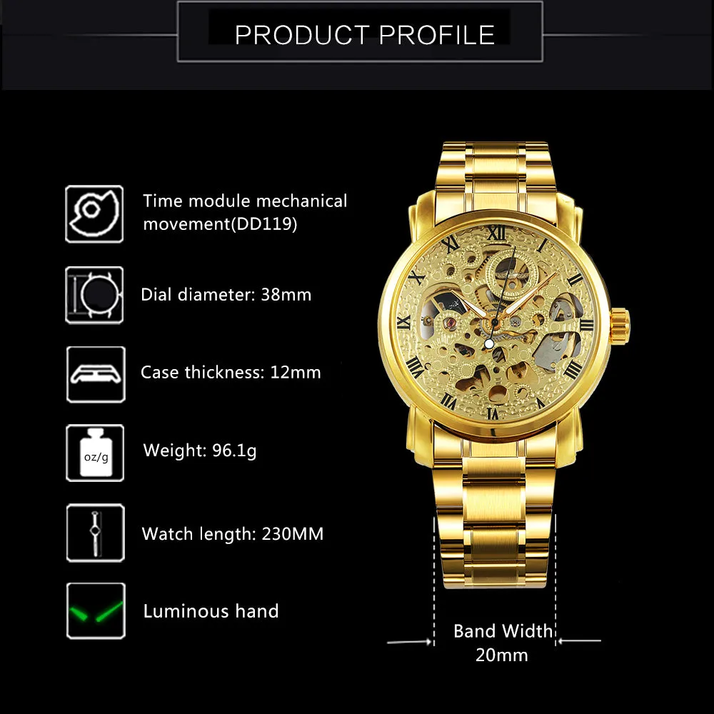 WINNER Top Brand Men's Classic Steel Belt Watch Hollow Automatic  Mechanical Watch