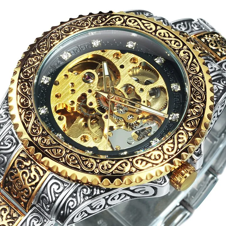 WINNER Vintage Engraved Gold Skeleton Mechanical Men Watch Carved Stainless Steel Strap 521