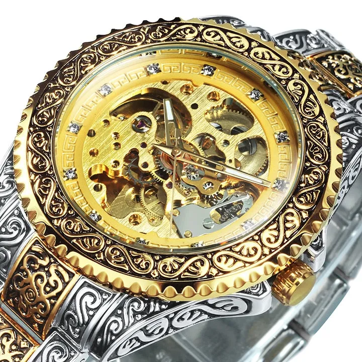 WINNER Vintage Engraved Gold Skeleton Mechanical Men Watch Carved Stainless Steel Strap 521