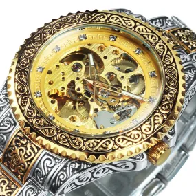 WINNER Vintage Engraved Gold Skeleton Mechanical Men Watch Carved Stainless Steel Strap 521