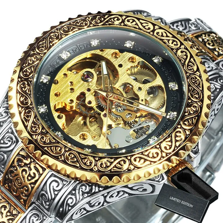 WINNER Vintage Engraved Gold Skeleton Mechanical Men Watch Carved Stainless Steel Strap 521