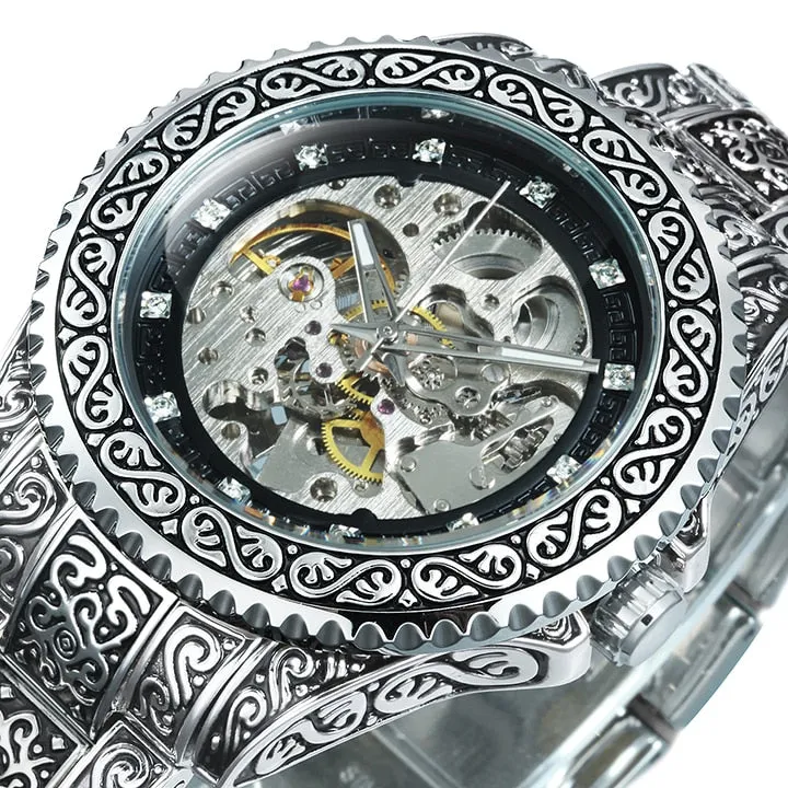 WINNER Vintage Engraved Gold Skeleton Mechanical Men Watch Carved Stainless Steel Strap 521