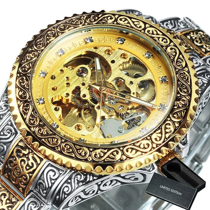 WINNER Vintage Engraved Gold Skeleton Mechanical Men Watch Carved Stainless Steel Strap 521