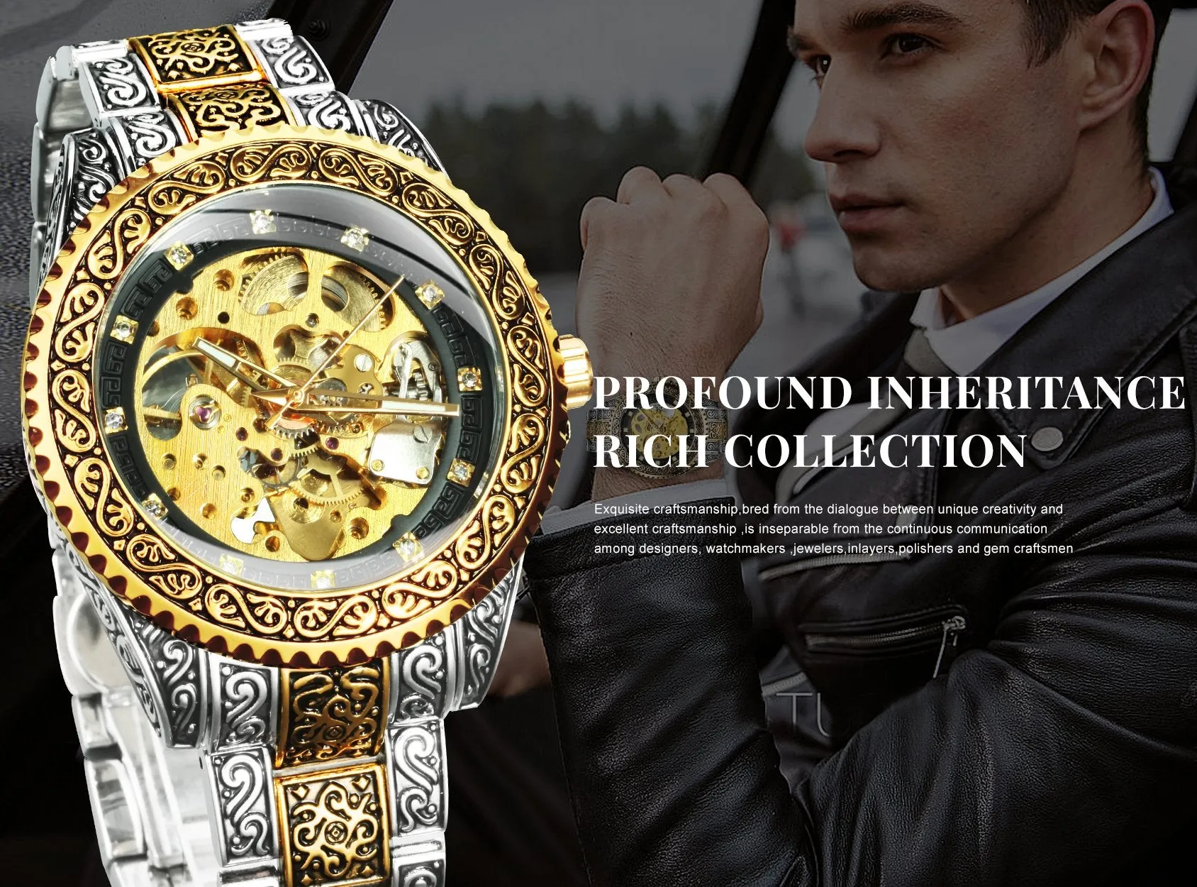 WINNER Vintage Engraved Gold Skeleton Mechanical Men Watch Carved Stainless Steel Strap 521