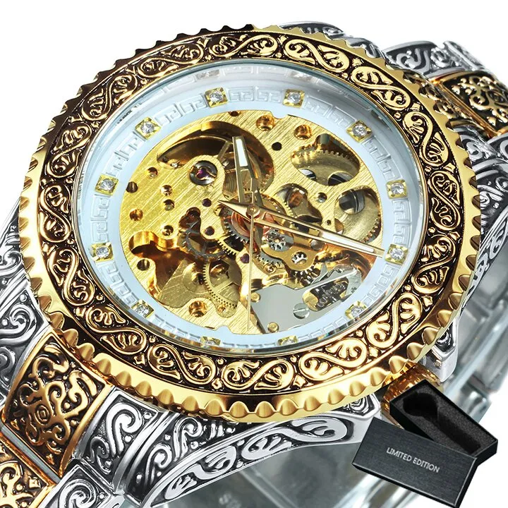 WINNER Vintage Engraved Gold Skeleton Mechanical Men Watch Carved Stainless Steel Strap 521