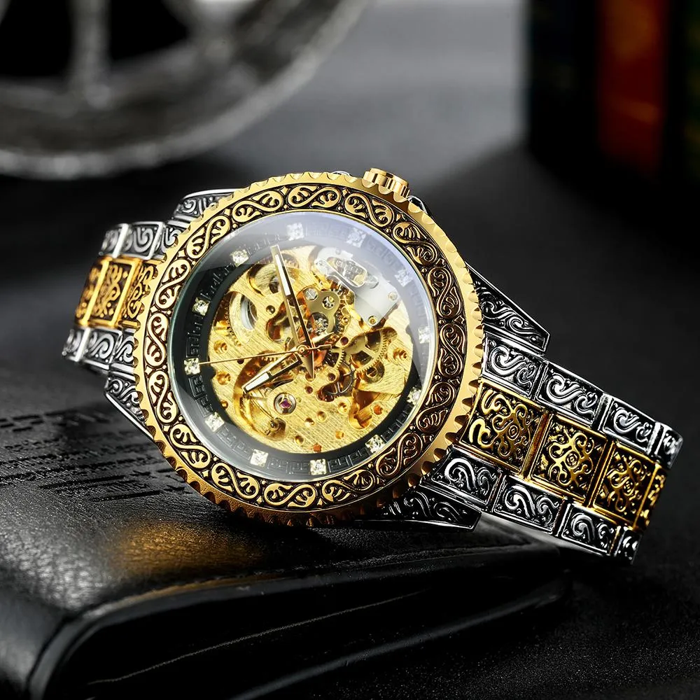 WINNER Vintage Engraved Gold Skeleton Mechanical Men Watch Carved Stainless Steel Strap 521