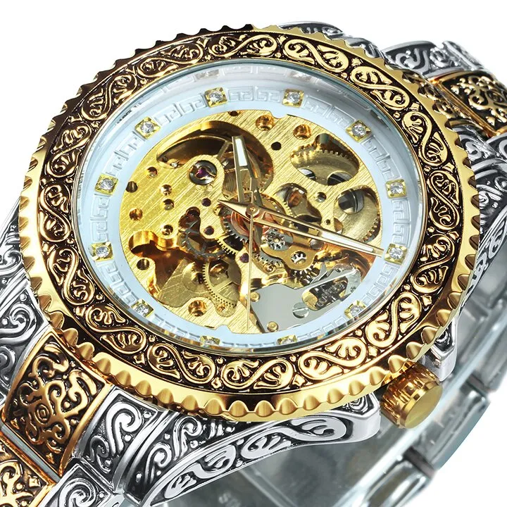 WINNER Vintage Engraved Gold Skeleton Mechanical Men Watch Carved Stainless Steel Strap 521