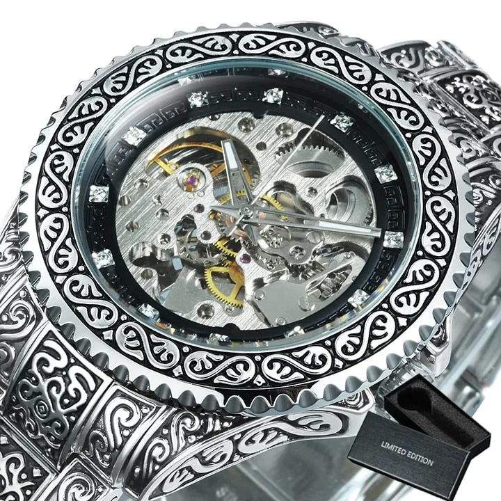 WINNER Vintage Engraved Gold Skeleton Mechanical Men Watch Carved Stainless Steel Strap 521