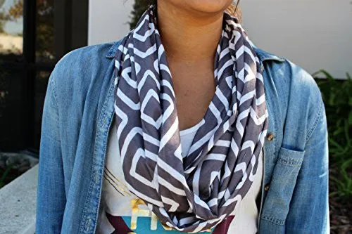 Womens Square Inside of Square Pattern Scarf w/ Zipper Pocket - Pop Fashion (Grey)