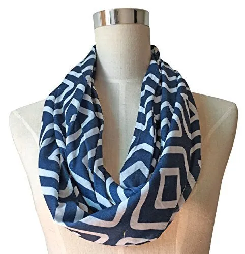 Womens Square Inside of Square Pattern Scarf w/ Zipper Pocket - Pop Fashion (Navy)